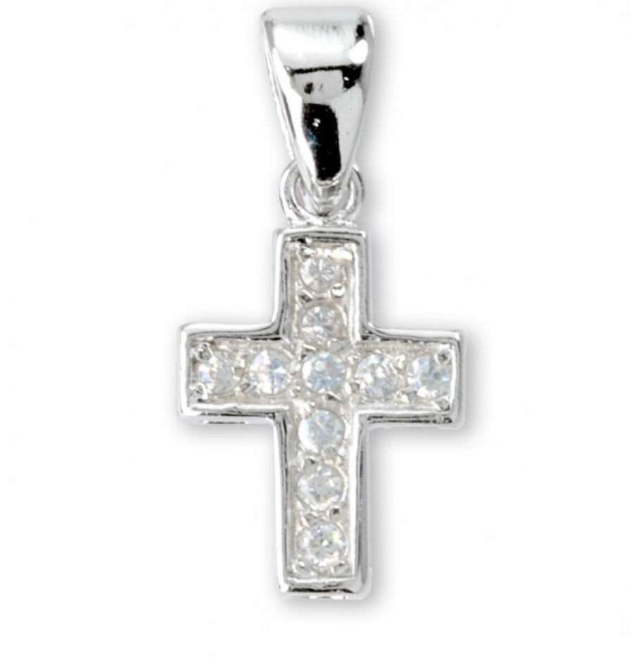 Silver Latin Style Cross with Square Clear Sparkly Crystals