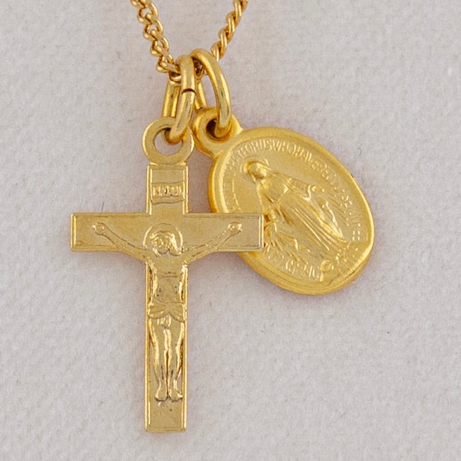 Petite Simple Double Medal, Crucifix and Miraculous Medal