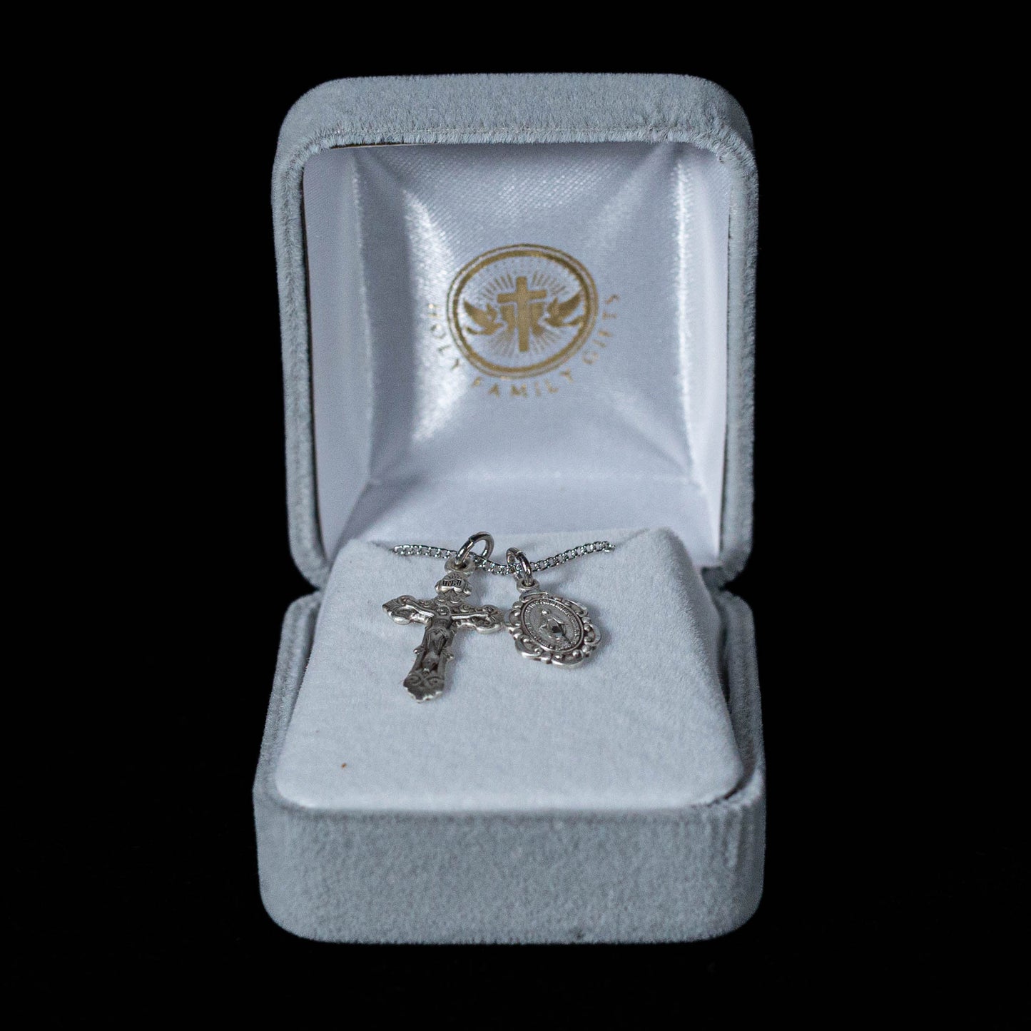 Petite Filigree Double Miraculous Medal and Crucifix