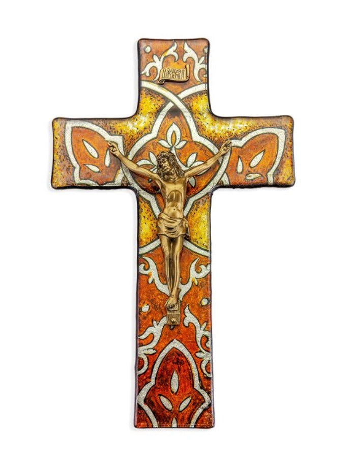 10" Burnt Orange Glass Cross with Cathedral Pattern