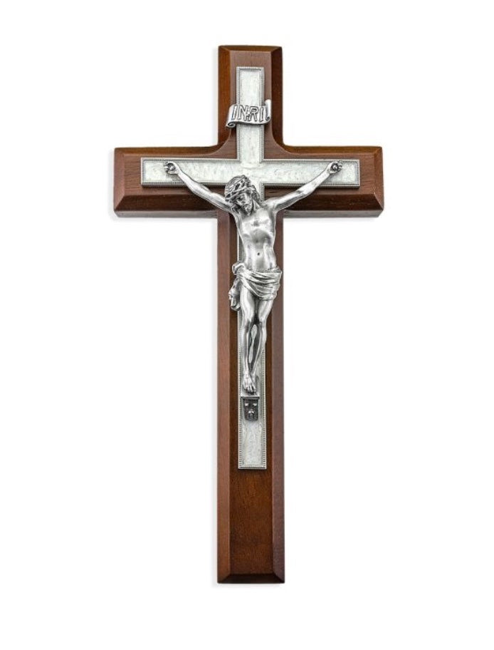 10" Walnut Wood Pearlized Crucifix with Wedding Rings Option