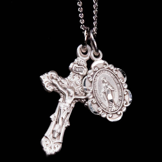 Petite Filigree Double Metal, Miraculous Medal and Crucifix