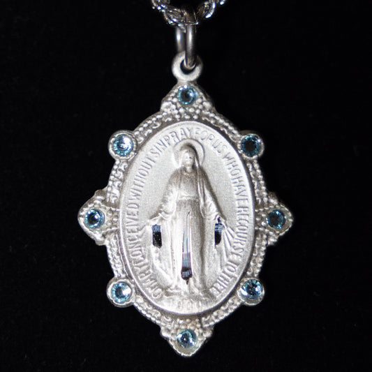 Miraculous Medal with Light Blue Sapphire Crystals