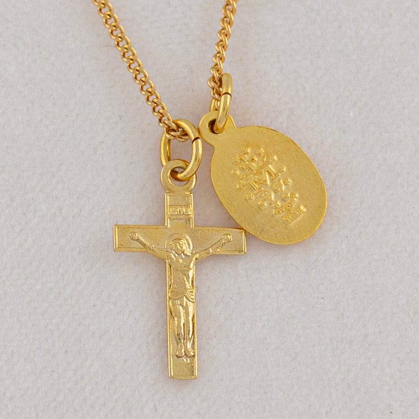 Petite Simple Double Medal, Crucifix and Miraculous Medal