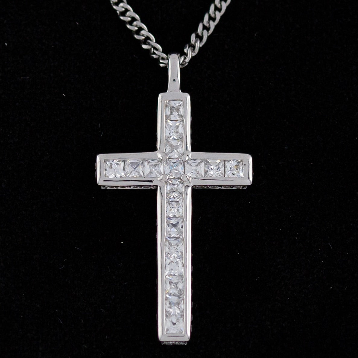 Silver Latin Style Cross with Square Clear Sparkly Crystals