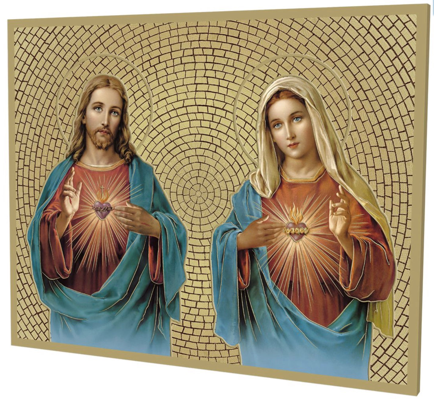 8" x 10" Gold Foil Mosaic Plaque of The Sacred Hearts