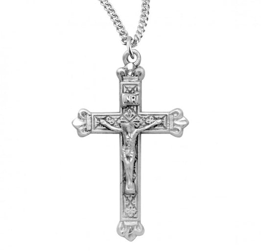 Budded Tip Engraved Silver Crucifix