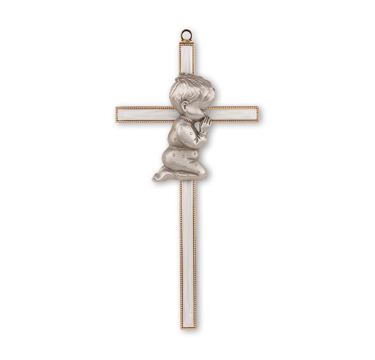 7" Gold Plated Pearlized Cross with Praying Boy