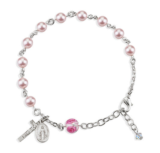 Rosary Bracelet Created with 6mm Pink Finest Austrian Crystal Pearl Beads by HMH