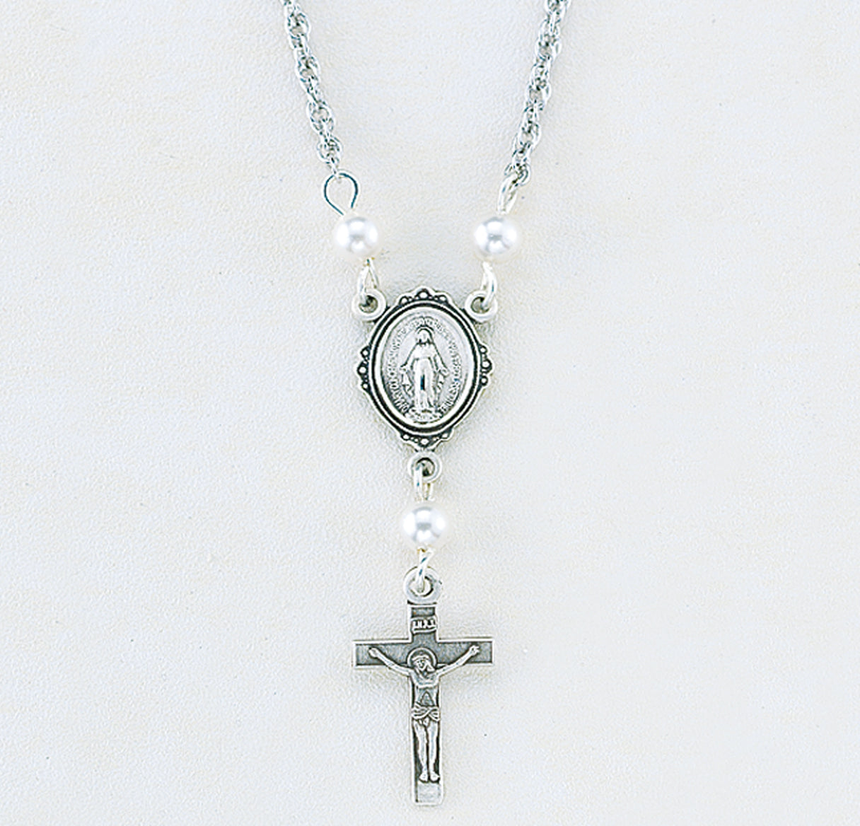 Sterling Silver Miraculous Medal Necklace Adorned with 4mm White finest Austrian Crystal Pearl Beads