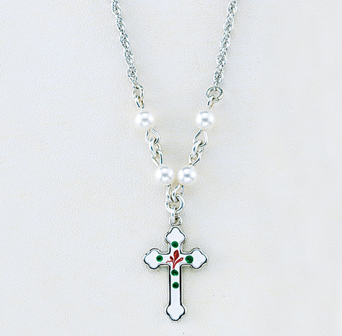 Silver Enameled Cross Necklace with Pearls (0.8
