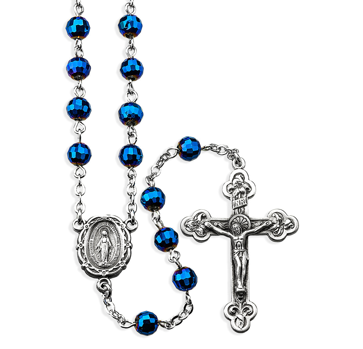 Blue Bead Rosary with Pewter Crucifix and Center