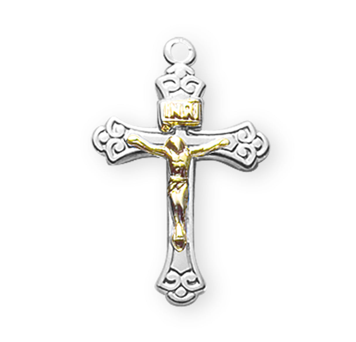Tapered Two Toned Crucifix, 0.8” Metal, 0.8 Grams, 18" Chain