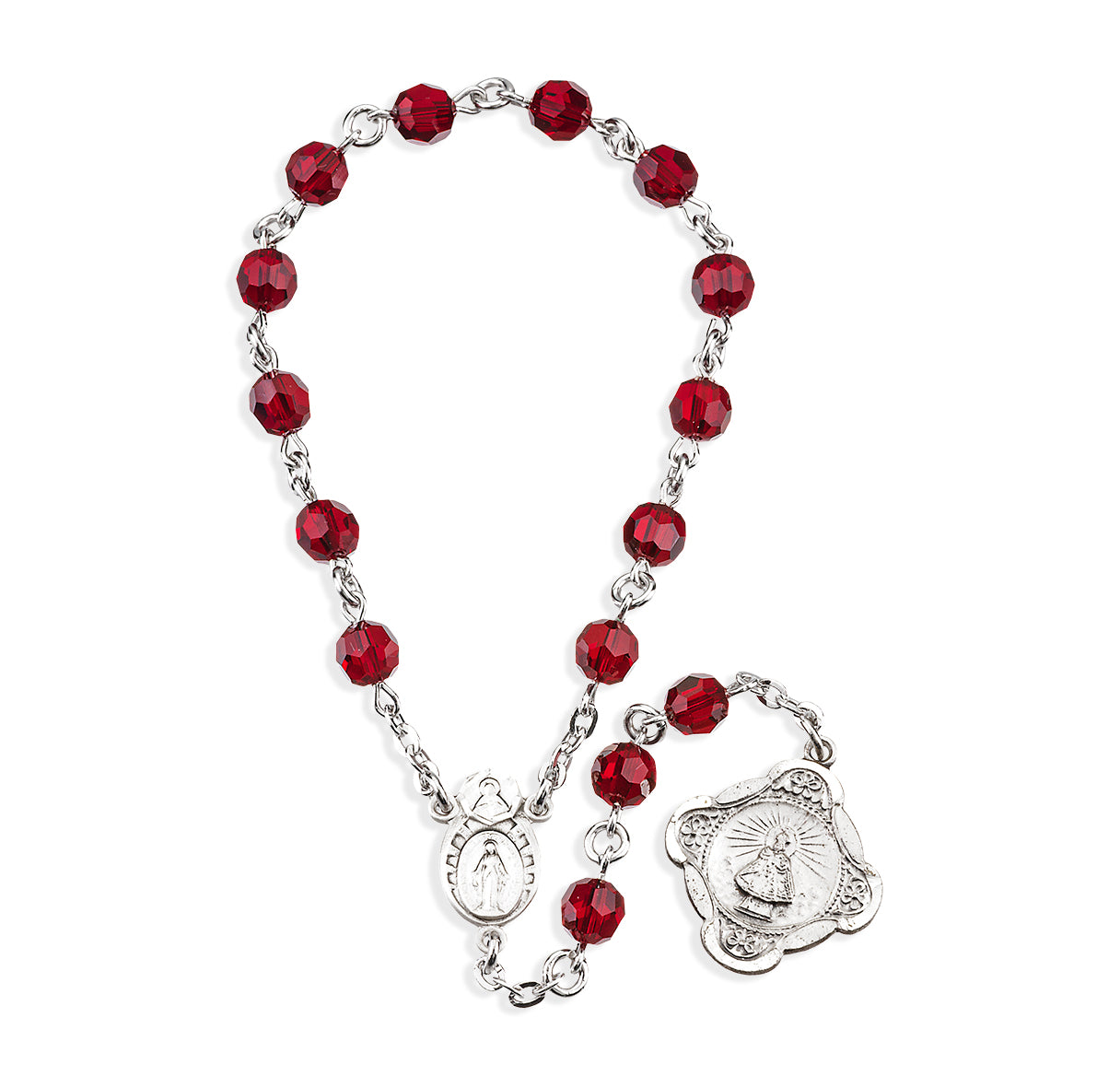 Sterling Silver Infant Jesus of Prague Chaplet with Miraculous Centerpiece made with Finest Crystal 6mm Ruby Beads