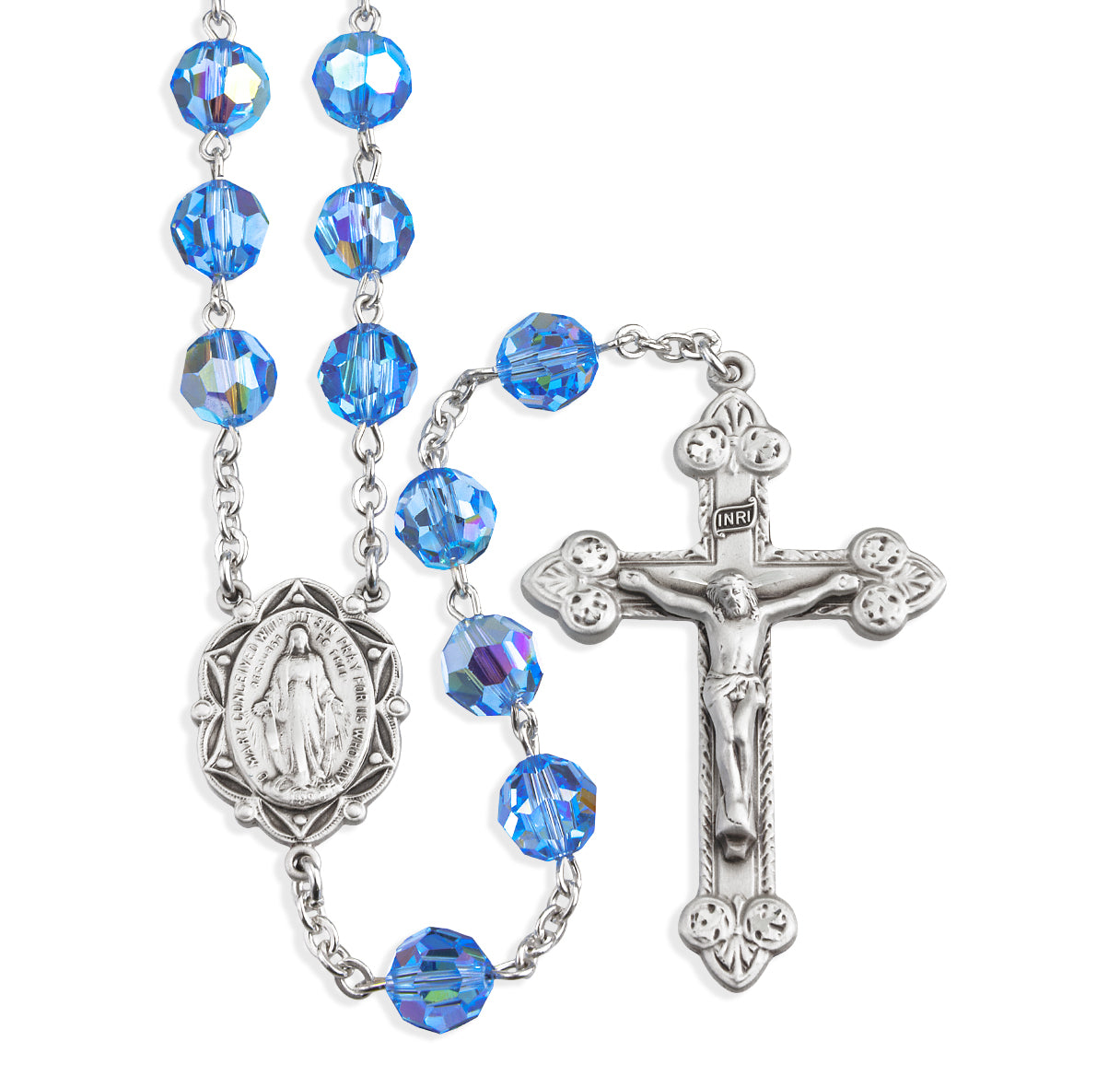Sterling Silver Rosary Hand Made with finest Austrian Crystal 8mm Light Sapphire Beads by HMH