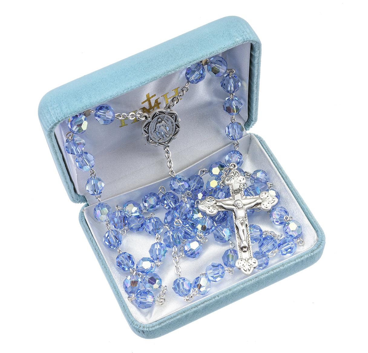 Sterling Silver Rosary Hand Made with finest Austrian Crystal 8mm Light Sapphire Beads by HMH