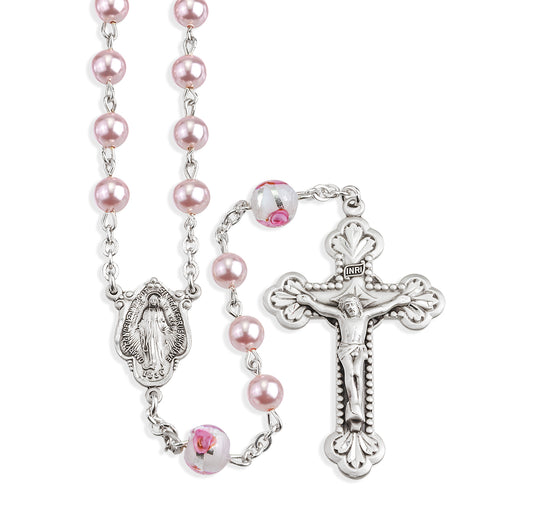 Sterling Silver Rosary Hand Made with finest Austrian Crystal 6mm Pink Pearl Beads by HMH