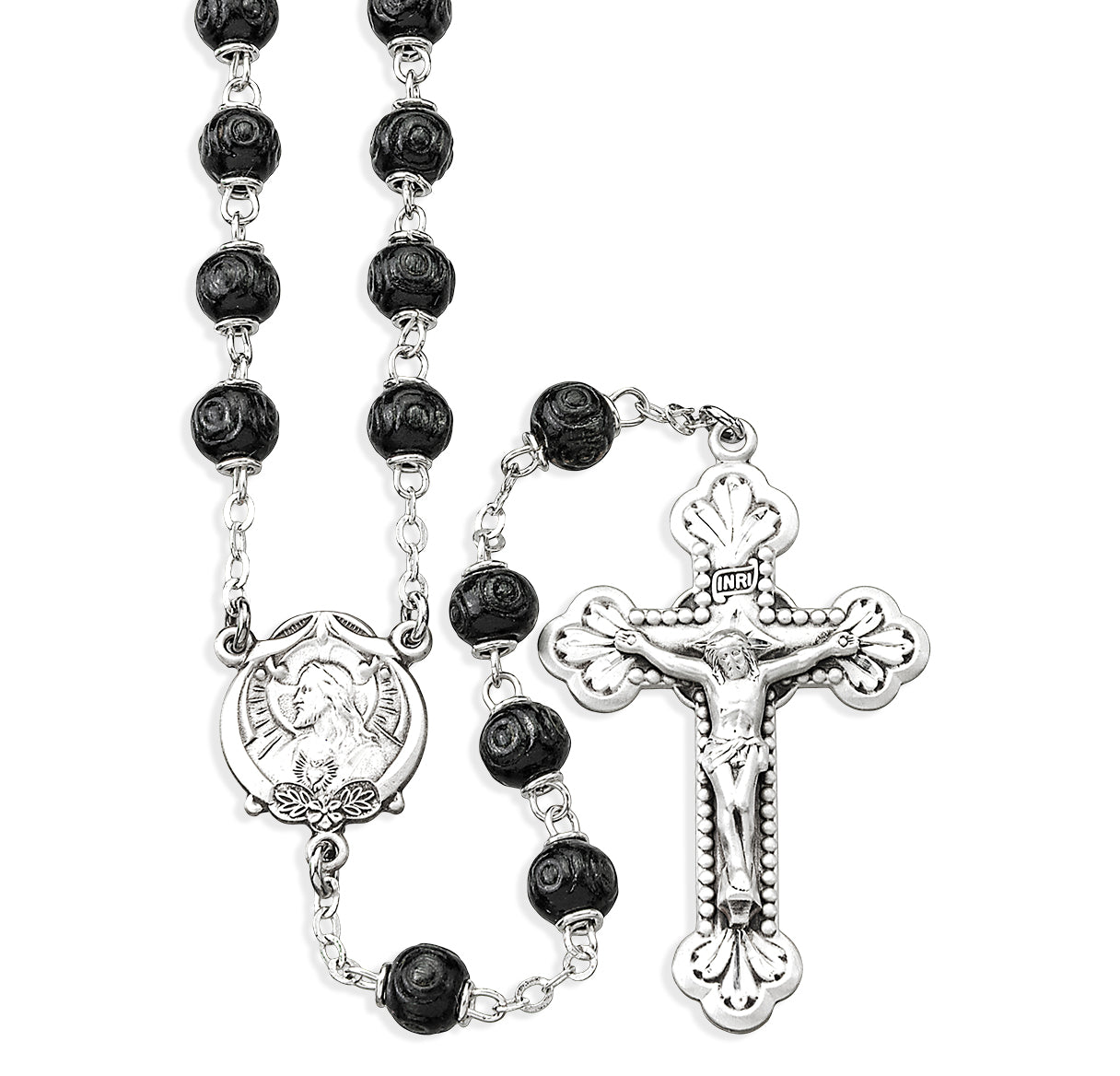 Black Carved Boxwood Bead Rosary Sterling Crucifix and Centerpiece