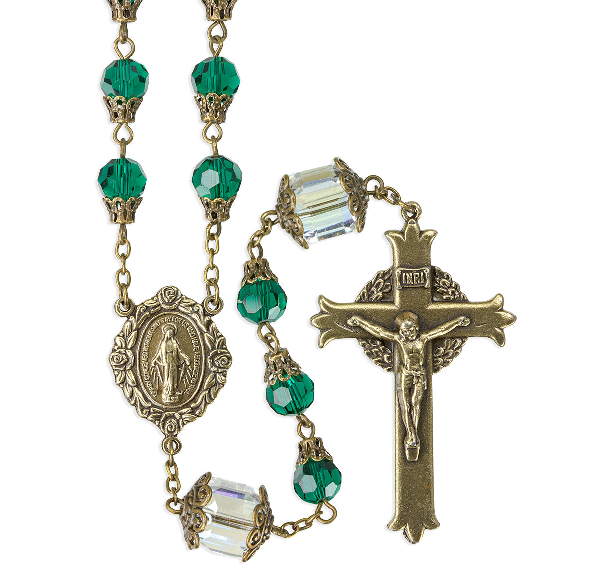 8mm Emerald Green Faceted Glass Beads with Antique Brass Bend Caps Crucifix and Centerpiece